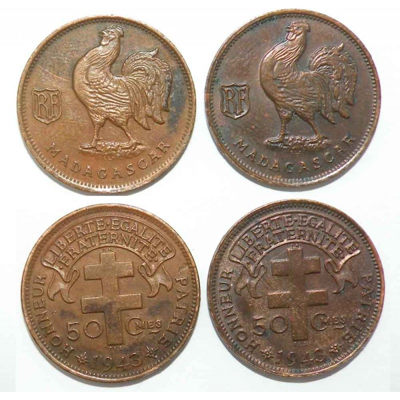lot de 2 pieces de 50 cents 1943 Bronze Madagascar ( 003 )