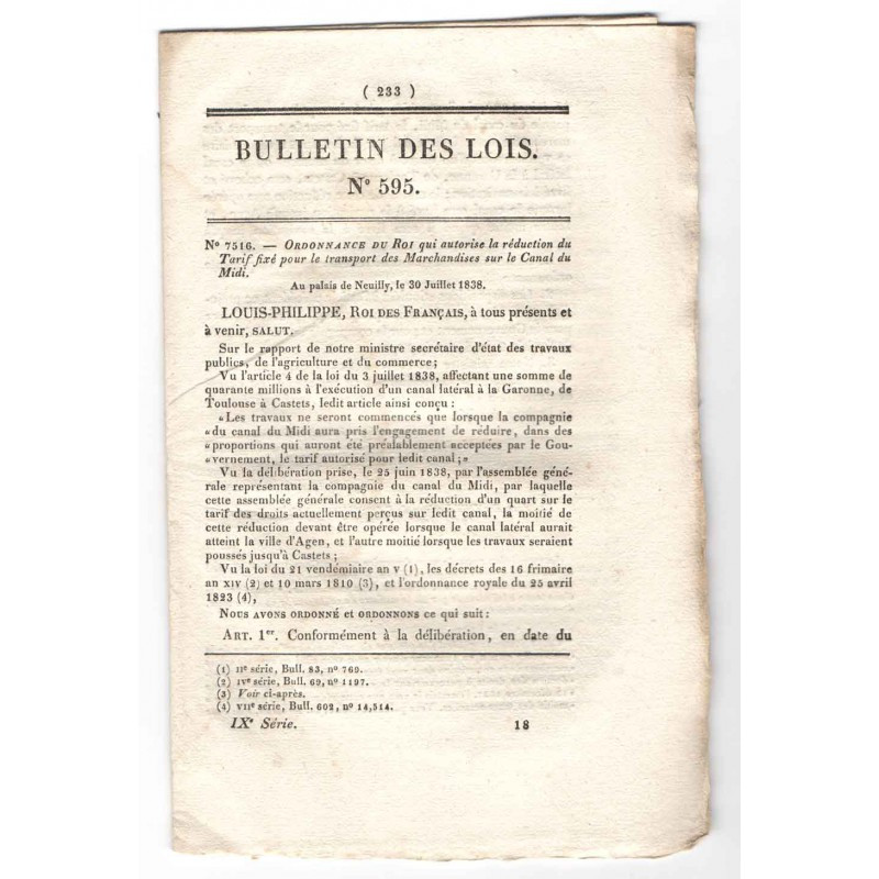 Bulletin des lois - Canal du Midi - 1838 - Louis Philippe ( 016 )