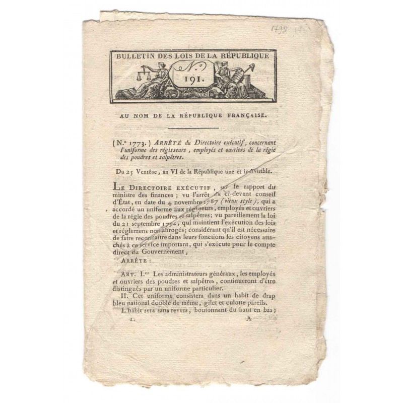 Bulletin des lois de la republique - Poudre et salpetre - 1787  - Louis XVI ( 011 )