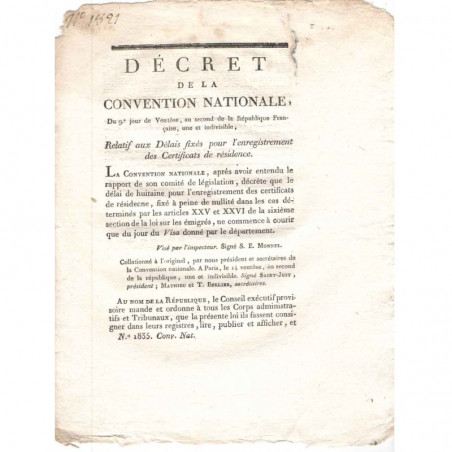 Decret de la convention nationale - certificats de residence - 1793  - Louis XVI ( 067 )