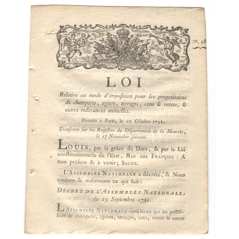 Loi Royale - Imposition - 1791  - Louis XVI ( 037 )