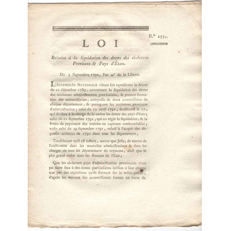Loi Royale - dettes - 1792  - Louis XVI ( 031 )