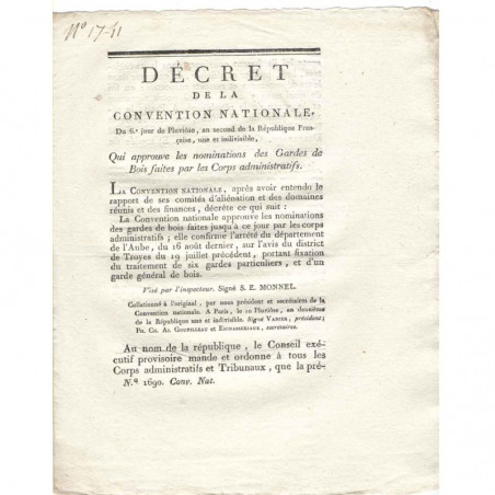 Decret de la convention nationale - Gardes de Bois - 1793  - Louis XVI ( 046 )