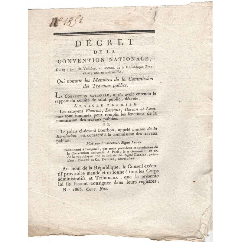 Decret de la convention nationale - Travaux publics  - 1793  - Louis XVI ( 064 )