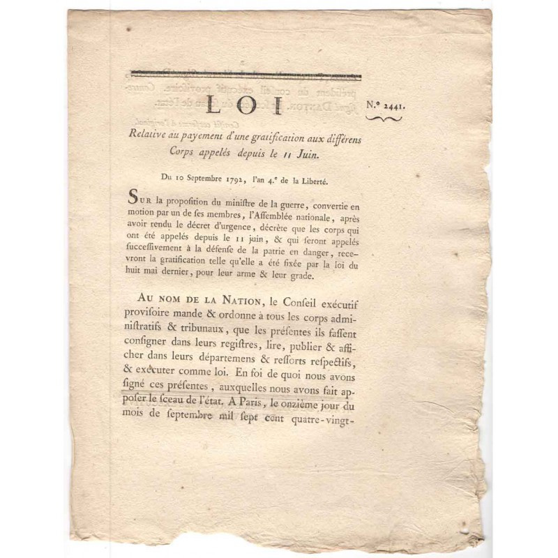 Loi Royale - gratification - 1792 - Louis XVI ( 072 )