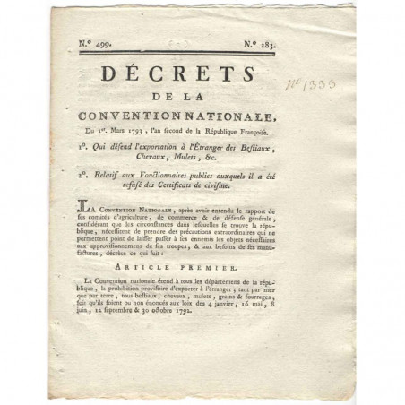 Decret de la convention nationale - Exportation  - 1793  - Louis XVI ( 119 )