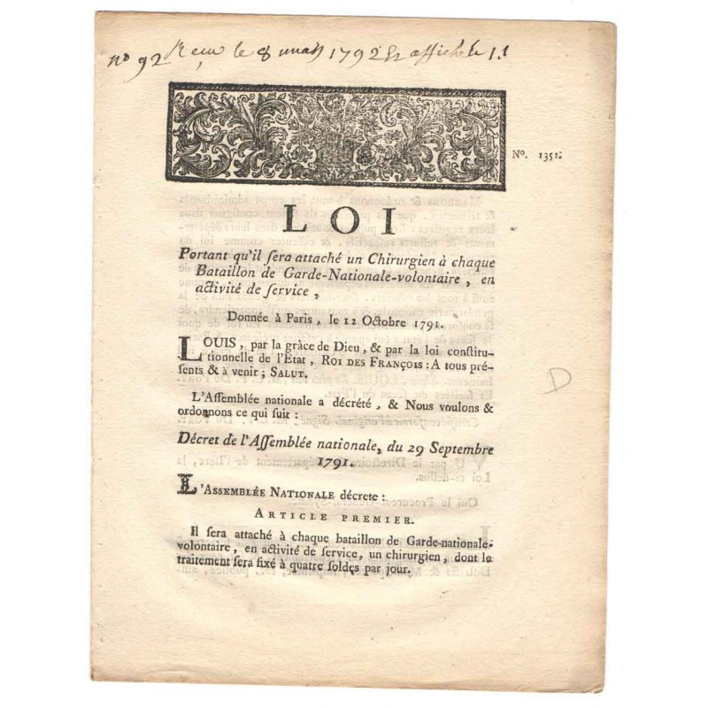 Loi Royale - Chirurgien - 1791 - Louis XVI ( 103 )