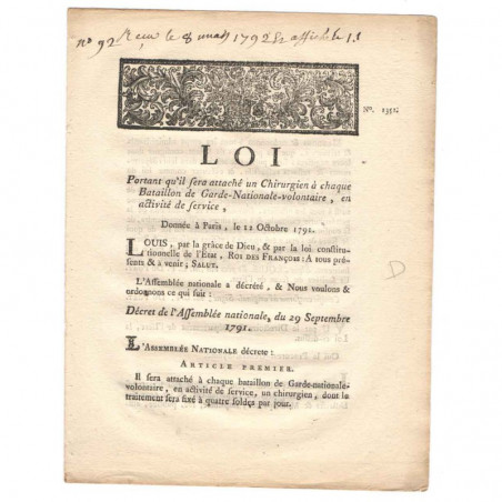 Loi Royale - Chirurgien - 1791 - Louis XVI ( 103 )