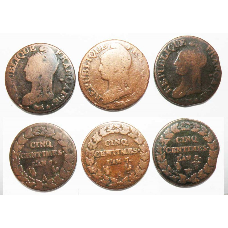lot de 3 monnaies de 5 Centimes Bronze Dupré ( 040 )