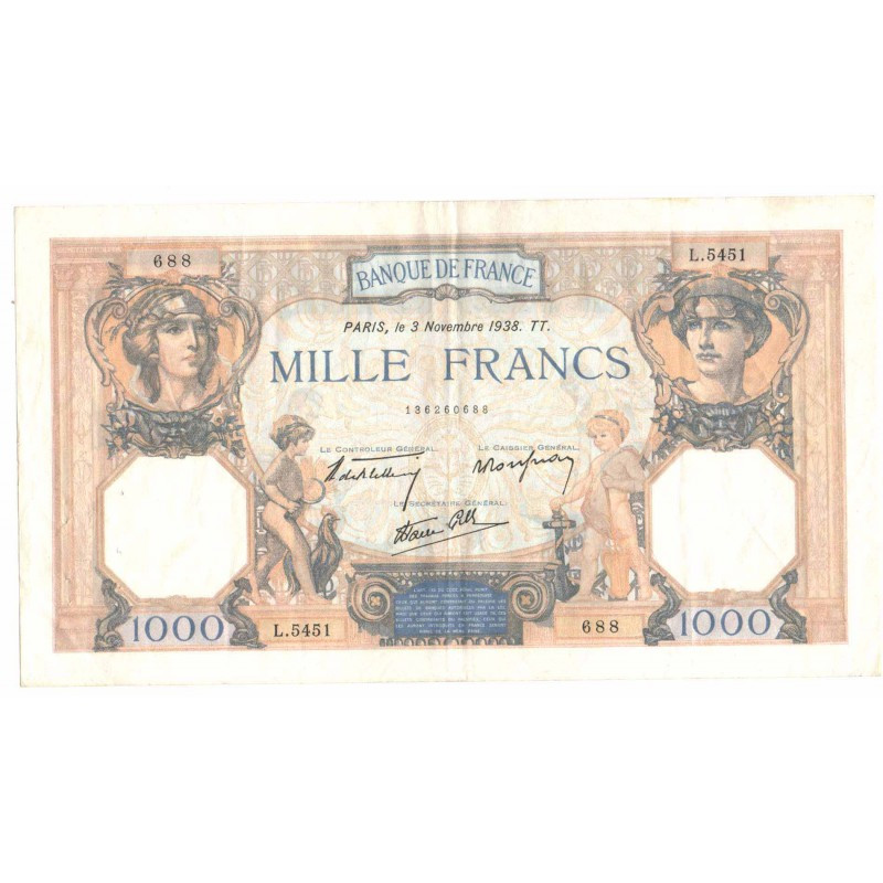 1000 Francs Ceres et Mercure 03/11/1938 SUP ( 216 )