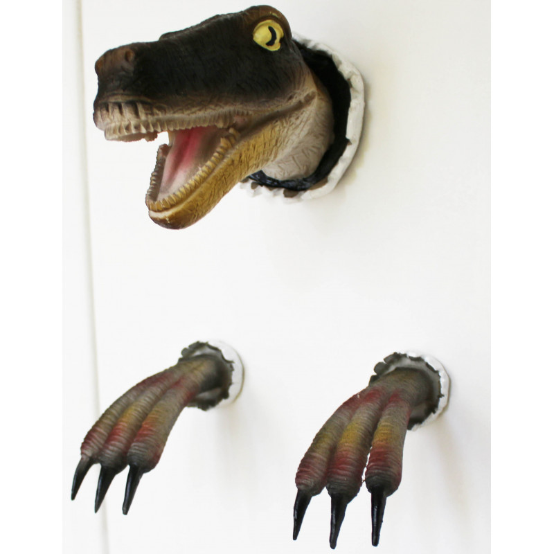 Tête de dinosaure Vélociraptor avec doigts et griffes déco murale en 3D