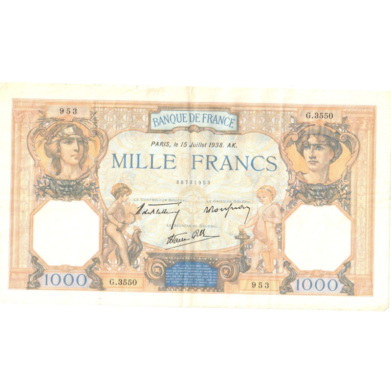 Billet de 1000 Francs Ceres et Mercure 15-07-1938 TTB ++ ( 198* )