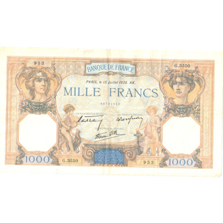 Billet de 1000 Francs Ceres et Mercure 15-07-1938 TTB ++ ( 198* )