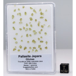 une boite avec des Olivines  de Pallasite Jepara ( Indonésie -  vers 1 gramme )