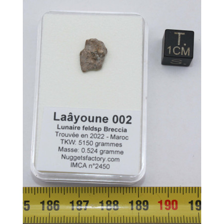 Météorite lunaire Laâyoune 002 dans une boite Feld Breccia (Maroc - 0.254 gramme 058**)
