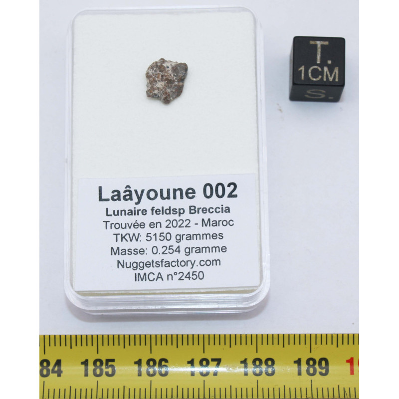 Météorite lunaire Laâyoune 002 dans une boite Feld Breccia (Maroc - 0.254 gramme 058**) Météorite lunaire Laâyoune 002 dans une boite Feld Breccia (Maroc - 0.254 gramme 058**)