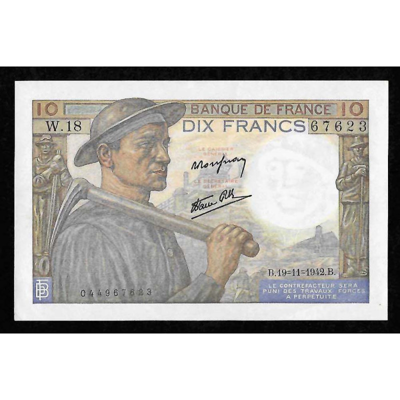 Billet de 10 Francs Mineur 19/11/1942 SPL + ( 004 * ) Billet de 10 Francs Mineur 19/11/1942 SPL + ( 004 * )
