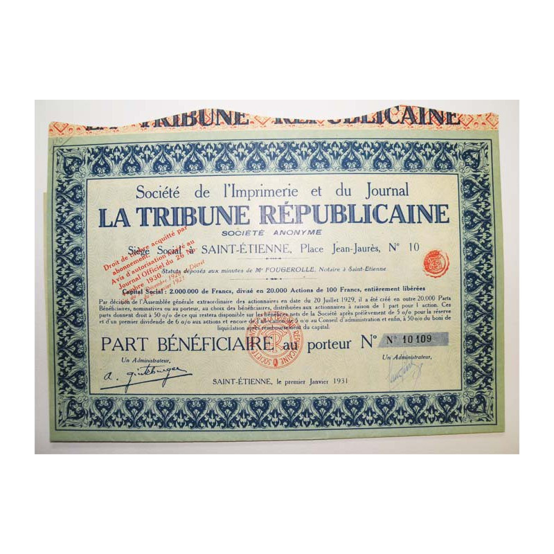 Part bénéficiare Sté la tribune républicaine ( 564 )