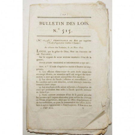 Bulletin des lois - Equitation a Saumur - 1822 - Louis XVIII ( 060 )