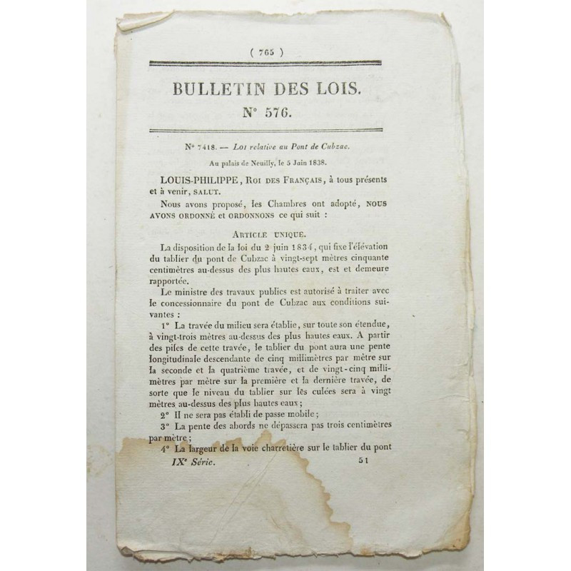 Bulletin des lois - Pont de Cubzac- 1838 - Louis Philippe ( 066 )